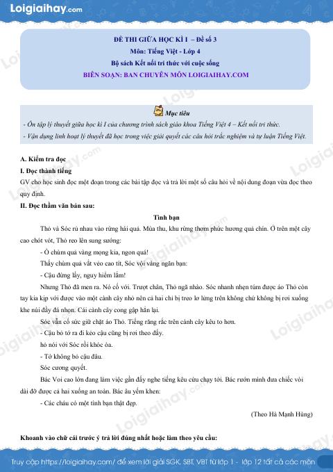 Đề thi giữa học kì 1 Tiếng Việt 4 - Đề số 3